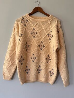 Cottagecore Vintage Embroidered Sweater M Pure Wool Ivory Grandma Lintex